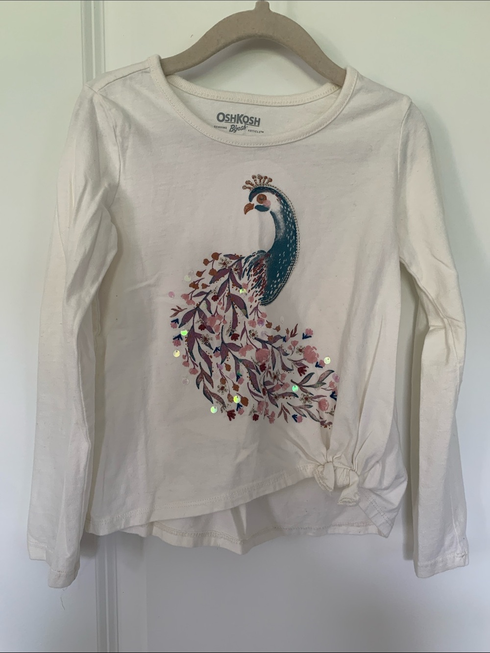 OshKosh B'gosh Cream Long Sleeve Top with a Teal, Purple, Pink & Brown Peacock